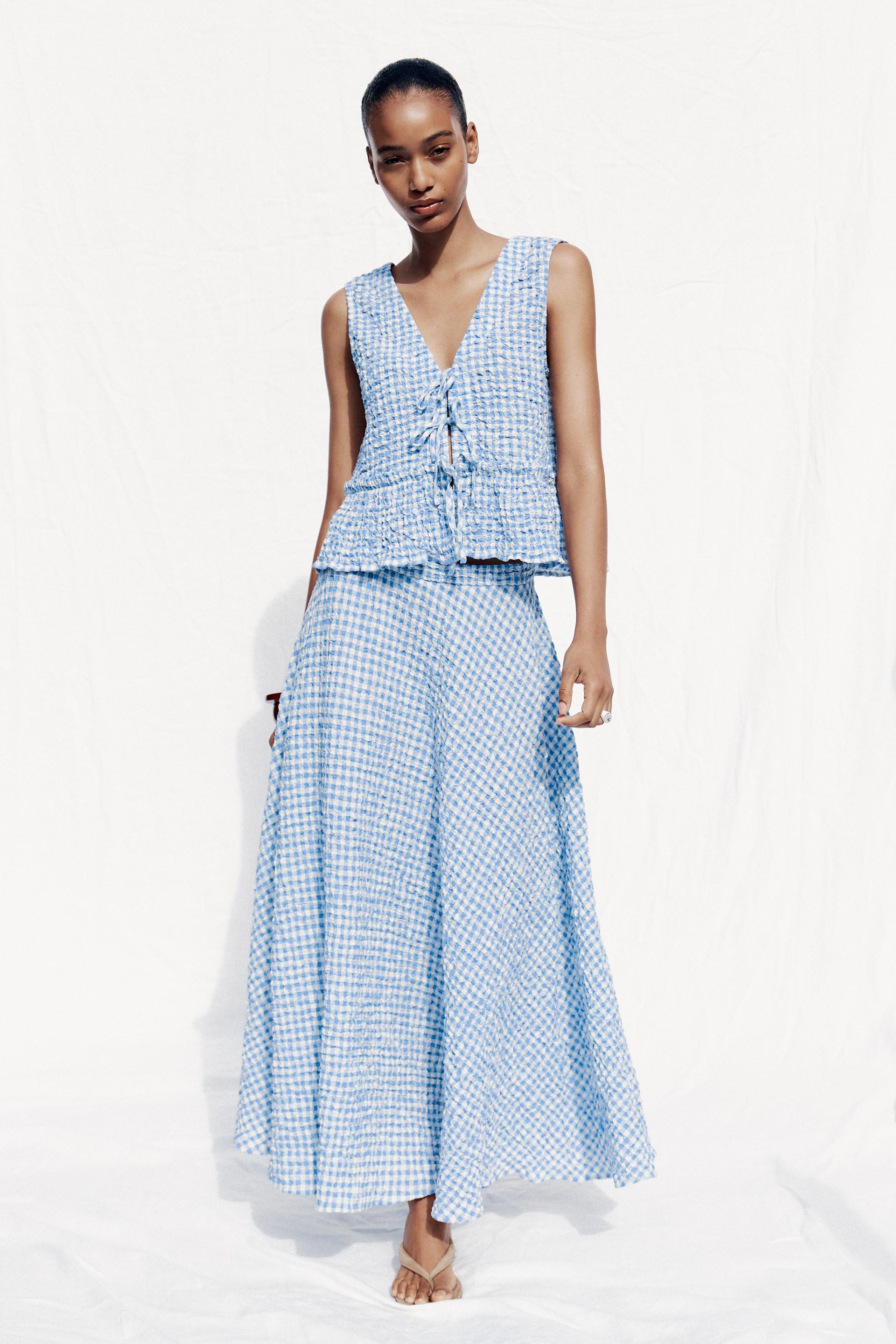 GINGHAM MIDI FLARED SKIRT