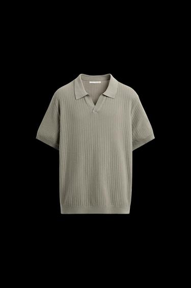 Zara RIBBED KNIT POLO SHIRT - Beige / Green