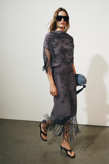 Zara ZW COLLECTION EMBROIDERED FRINGE DRESS - Lilac