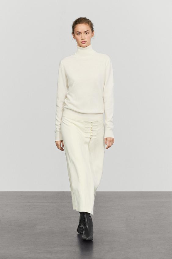 Zara Straight midi skirt with button detail - Ecru - Image 0