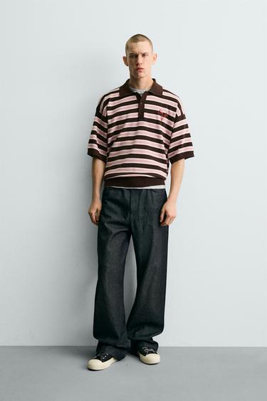 JACQUARD STRIPED KNIT POLO SHIRT - Chocolate by Zara - Image 0