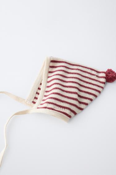 STRIPED TOWELLING BONNET WITH POMPOM - Burgundy by Zara - Image 2