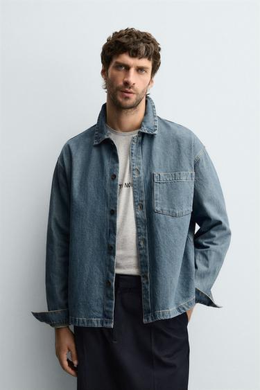 Zara BOXY FIT DENIM SHIRT - Mid-blue