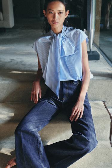 CAMICIA A RIGHE CON LACCI ZW COLLECTION - Bianco / Celeste di Zara