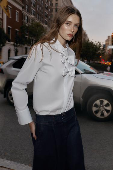 CHEMISE EN POPELINE À NŒUDS ET PERLES - Blanc de Zara - Image 4