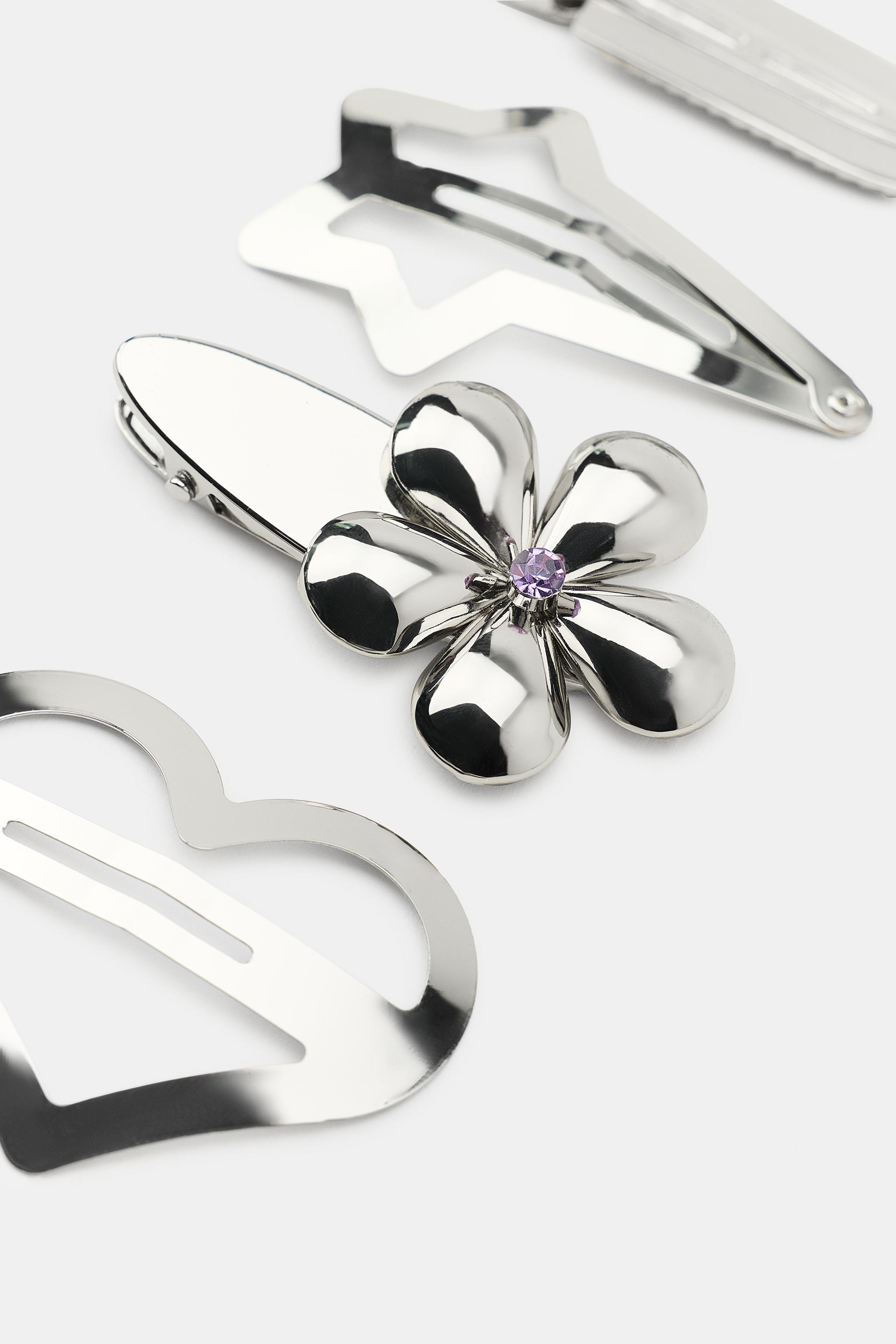 Женские аксессуары Zara PACK OF 4 FLOWER AND HEART METAL HAIR CLIPS — фото 5