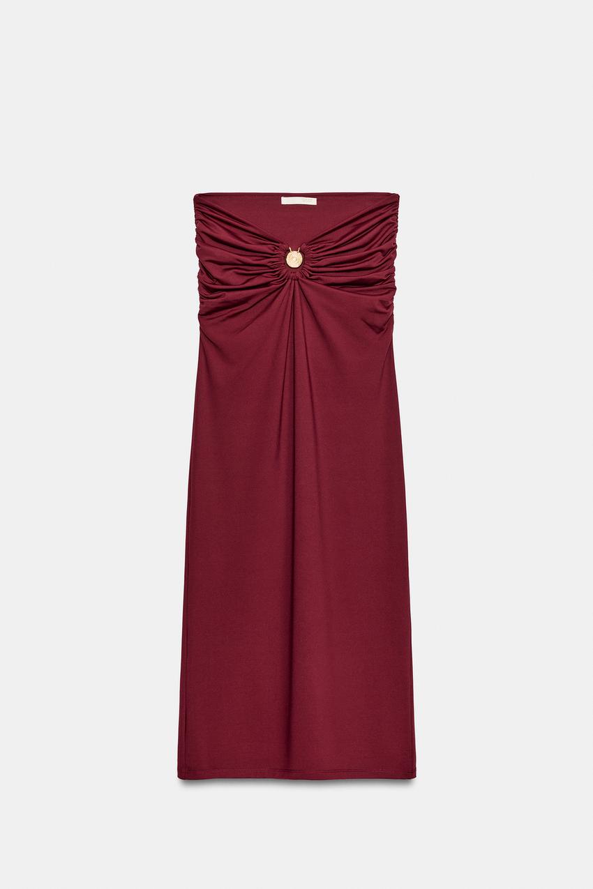 zara pleated midi dress burgundy Red cotton bodycon dress