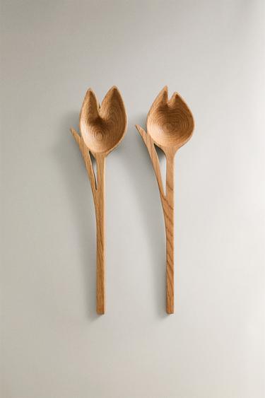 SET OF WOODEN TULIP-SHAPED SALAD CUTLERY (SET OF 2) - Brown by Zara - Image 0