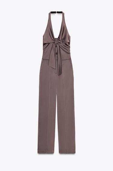 SATIN-OVERALL MIT HALTERNECK UND KNOTEN - Braun / Braungrau von Zara