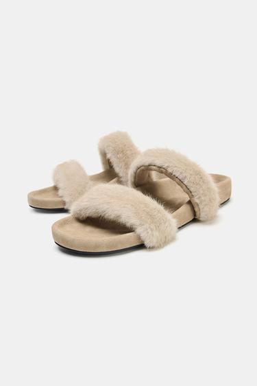 FLAT SANDALS WITH SHEEPSKIN EFFECT - Beige by Zara - Image 2