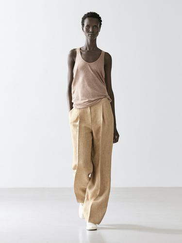 Pantalon fluide à détail pinces lin - Beige de Zara