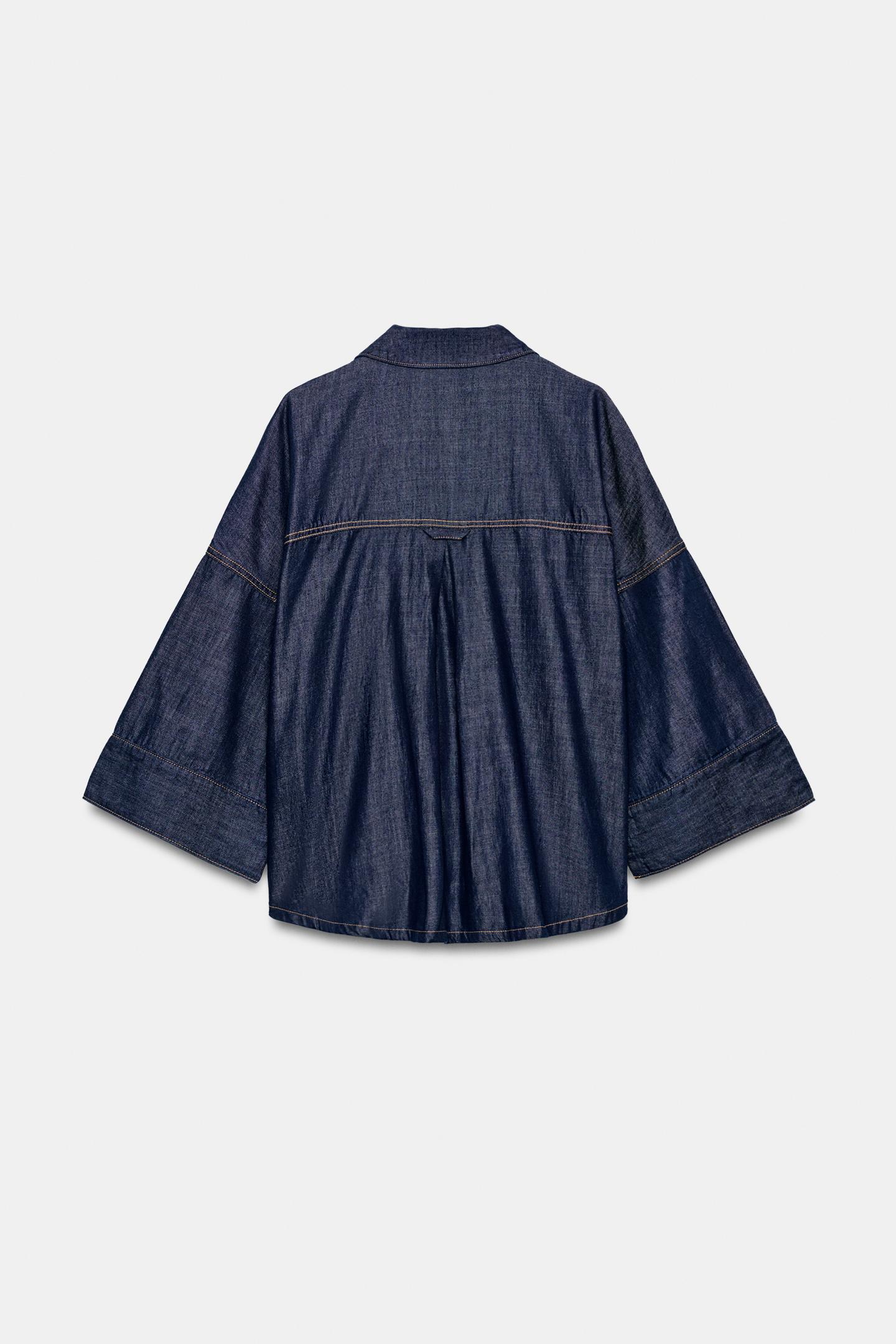 Женская рубашка Zara Z1975 Wide Sleeve Denim Shirt, цвет: Синий — фото 9