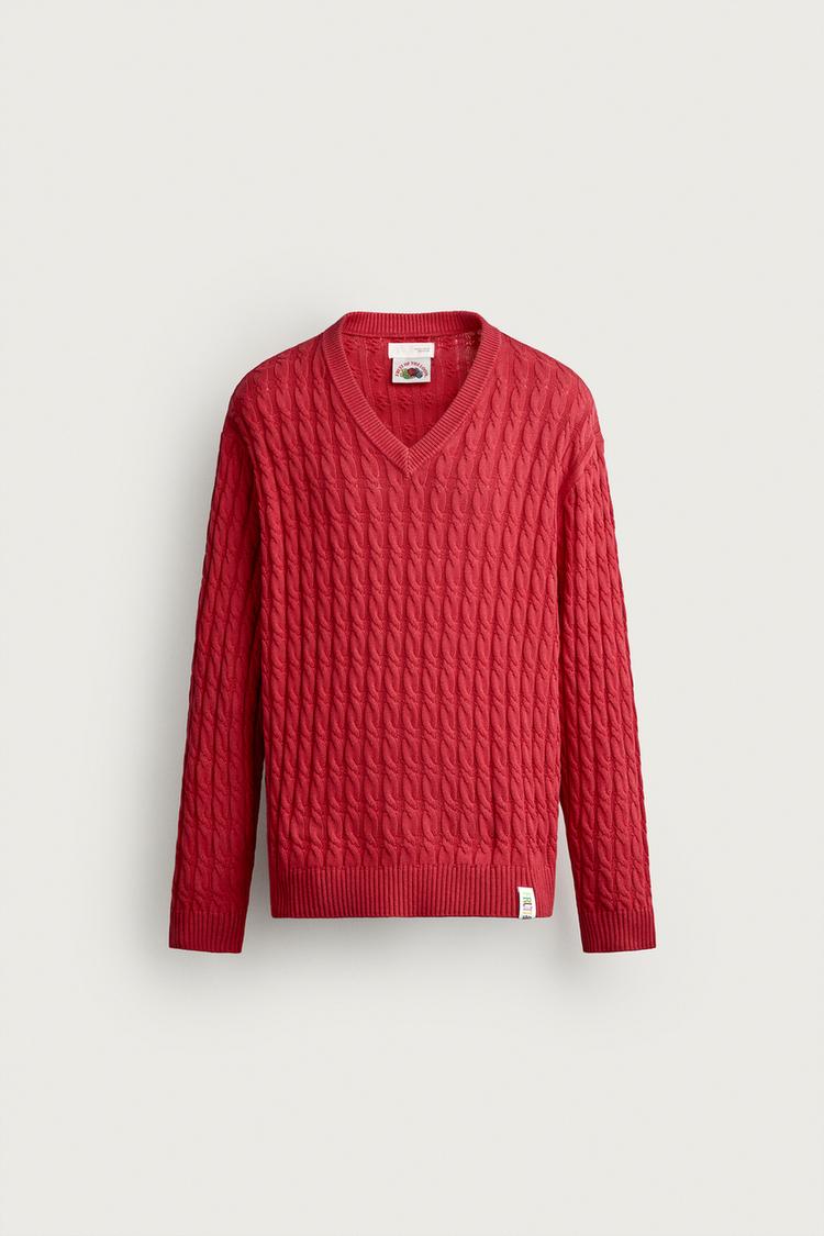 FRUIT OF THE LOOM™ CABLE KNIT V-NECK SWEATER — Red