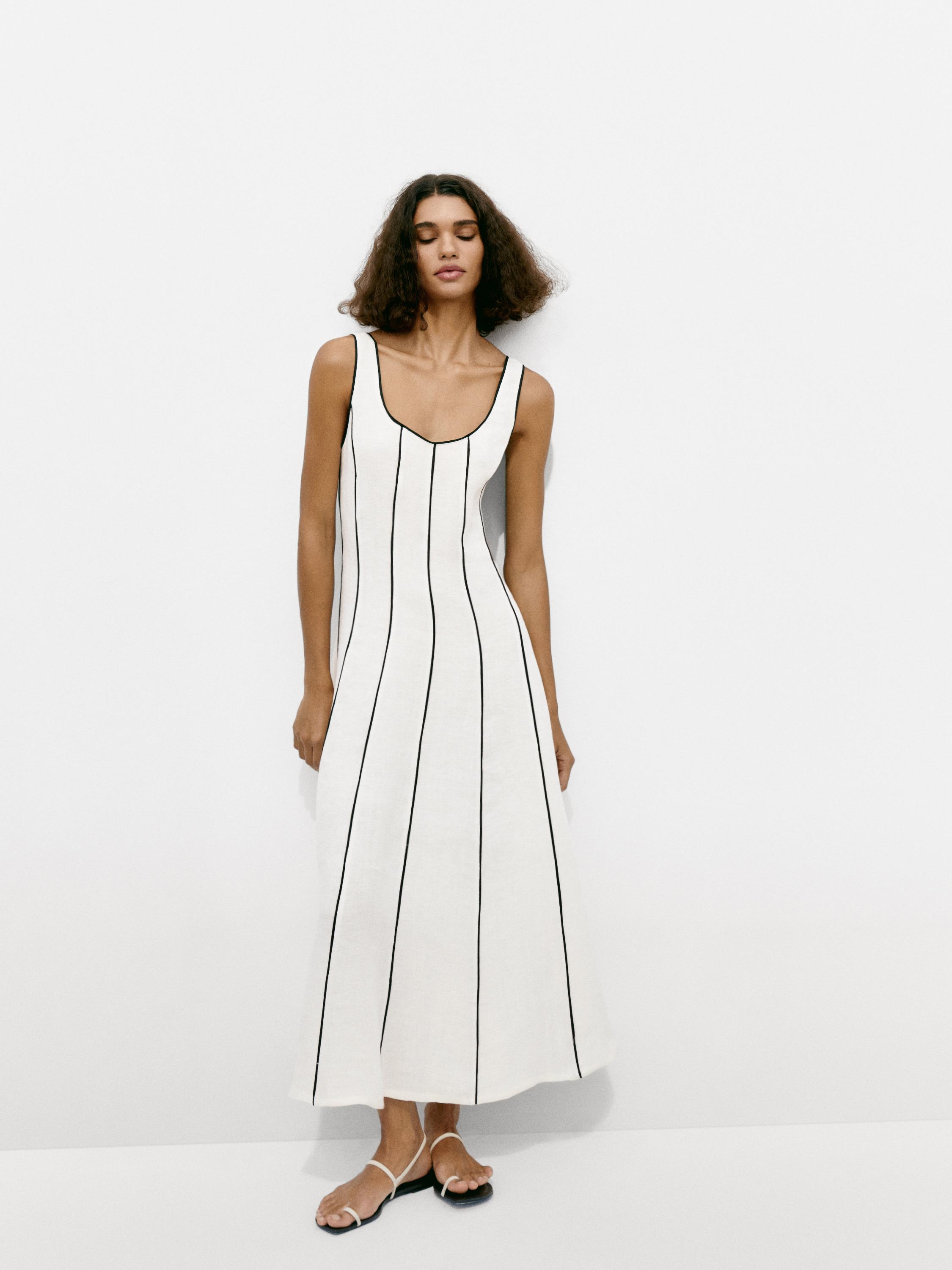 Linen blend two-tone strappy dress - White | ZARA United States