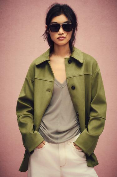 Zara 麂皮絨效果大衣 - 草綠色