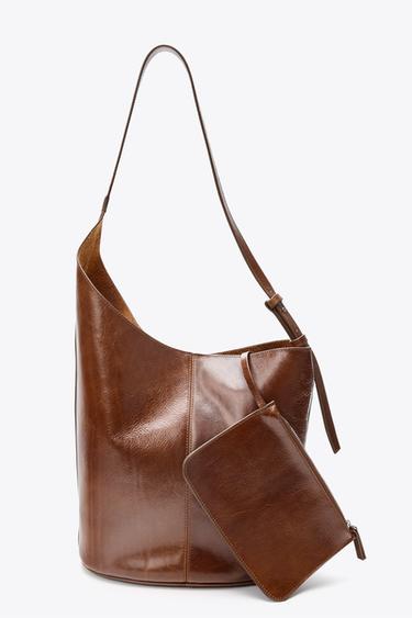 ASYMMETRIC LEATHER BUCKET BAG - Brown by Zara - Image 2