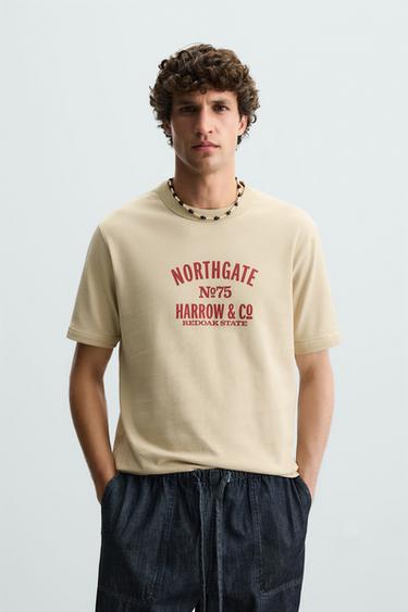 RIBBED SLOGAN T-SHIRT - camel by Zara