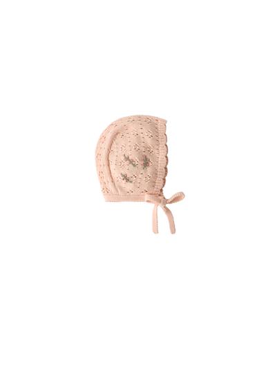 EMBROIDERED FLORAL POINTELLE BONNET - Peach by Zara