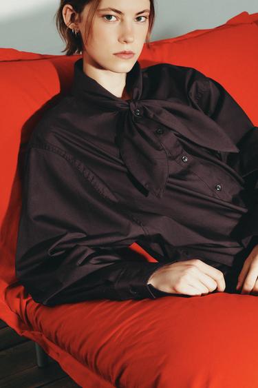 POPLIN SHIRT WITH SCARF DETAIL - Dark brown by Zara - Image 6