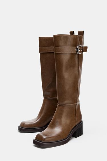 KNEE-HIGH BOOTS WITH TOPSTITCHING - Brown by Zara - Image 1