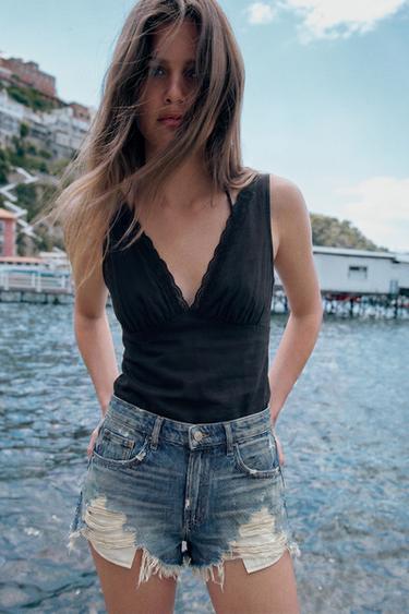 TRF HIGH-WAIST RIPPED DENIM SHORTS - Blue by Zara