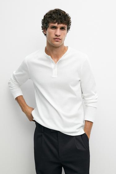Zara 100% cotton long sleeve henley T-shirt - White