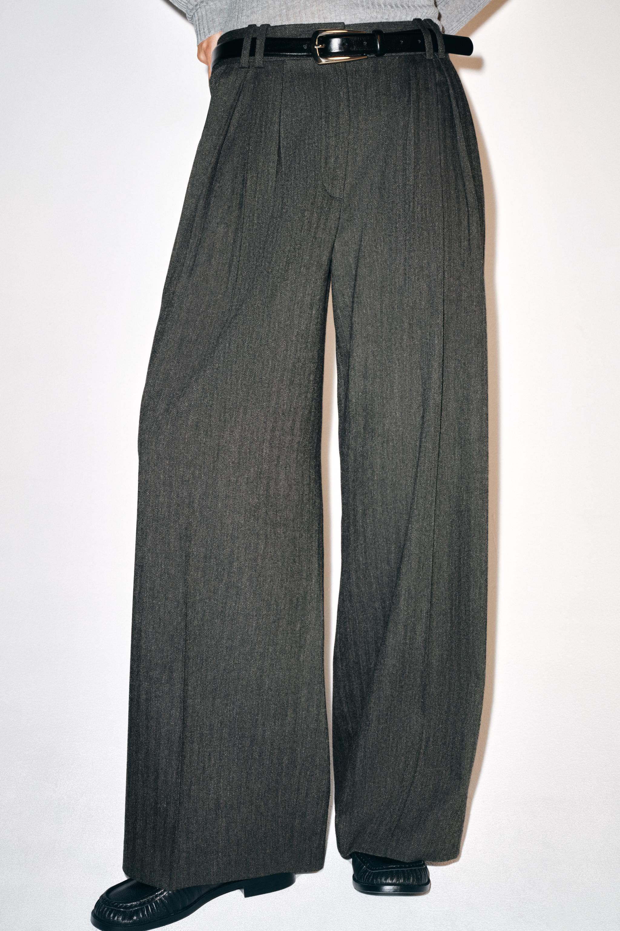 ZW COLLECTION HERRINGBONE WIDE-LEG PANTS - Dark gray | ZARA United