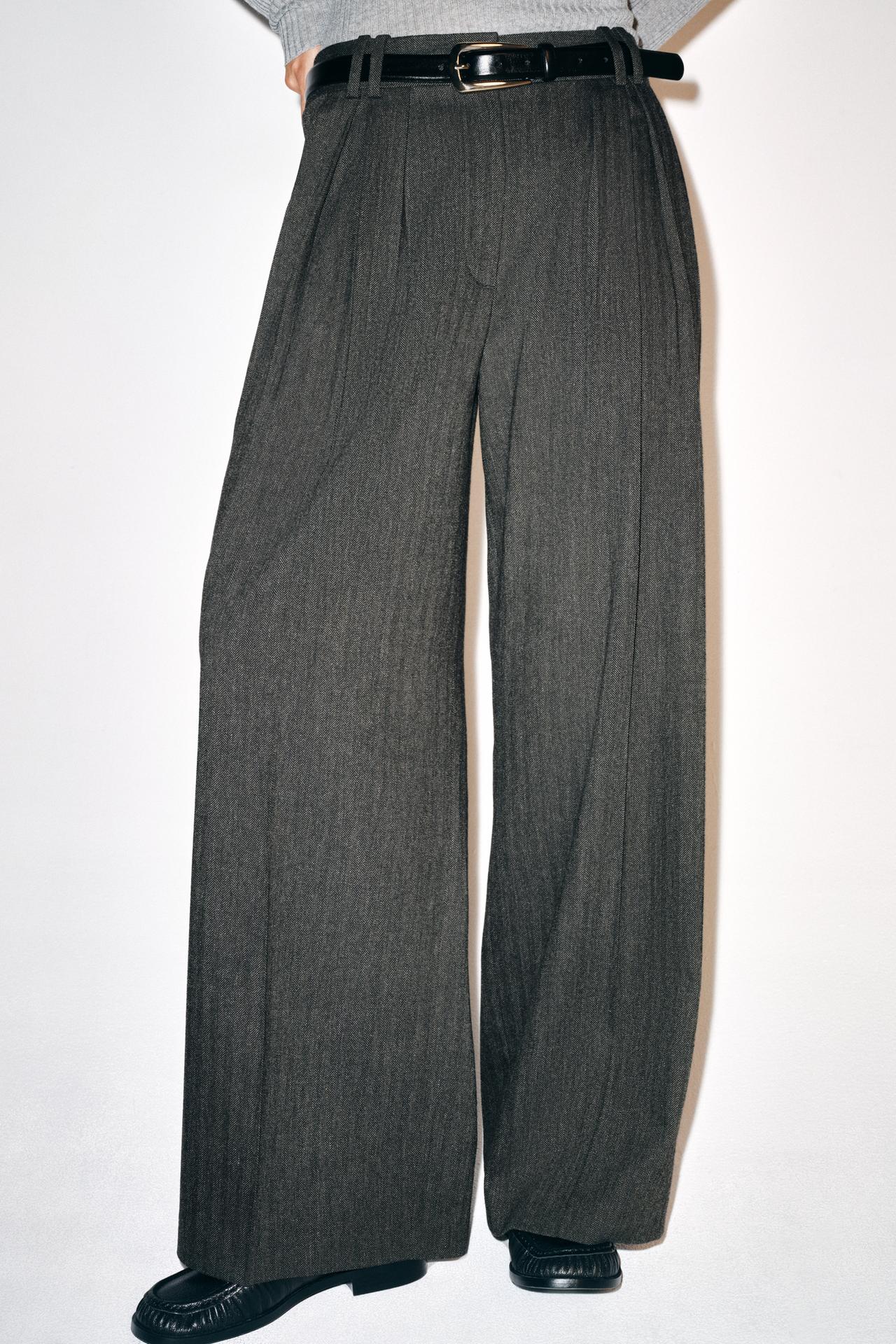 ZW COLLECTION HERRINGBONE WIDE-LEG PANTS — Dark gray