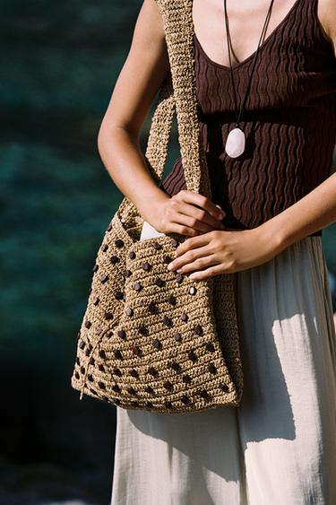 Zara BEADED WOVEN SHOPPER - Light beige