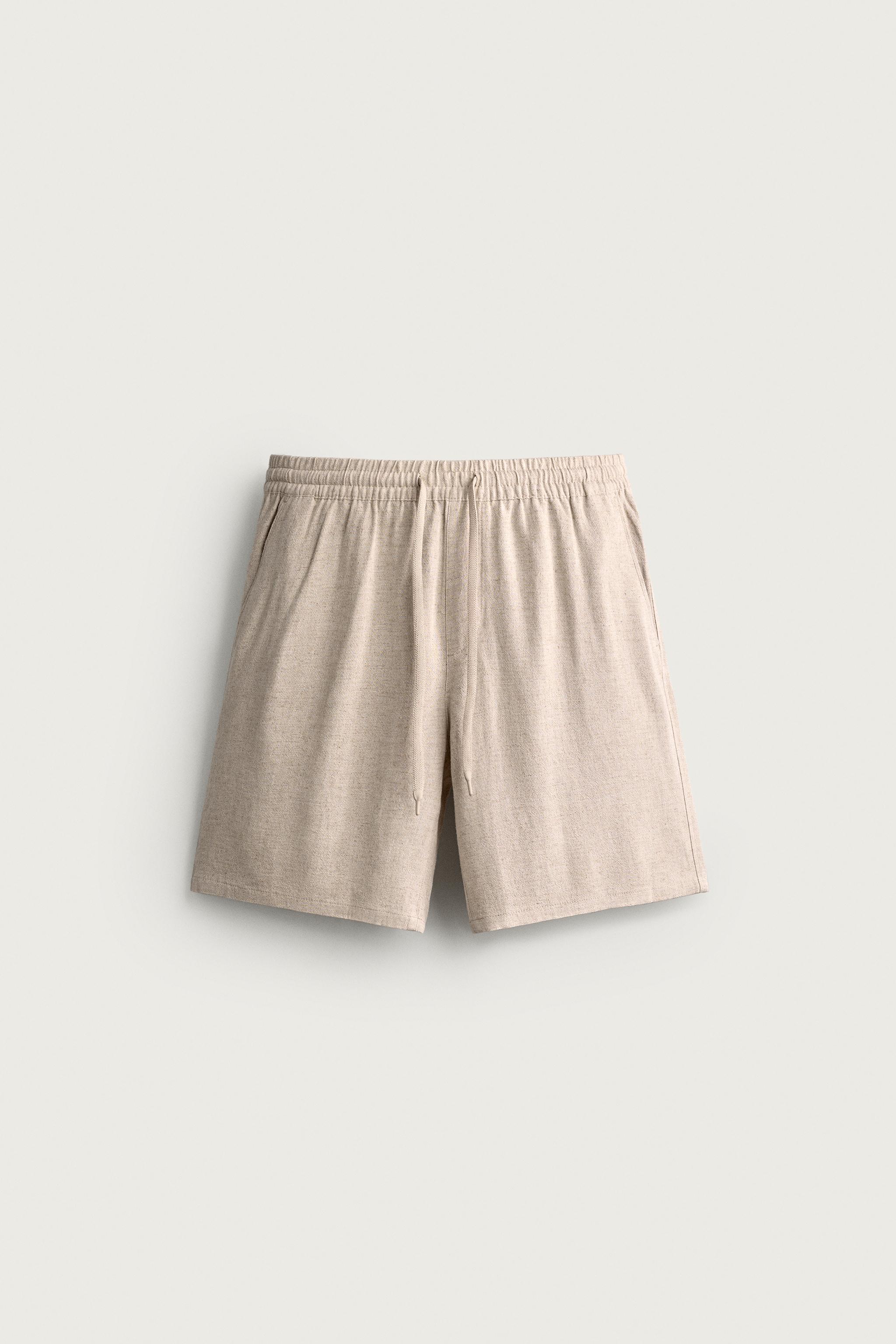 VISCOSE LINEN BLEND RELAXED FIT SHORTS — Light beige