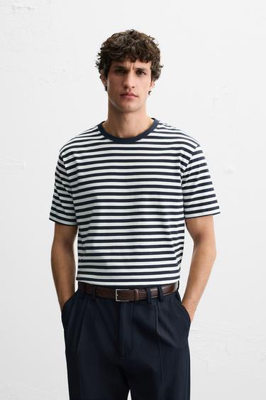 BASIC MEDIUM WEIGHT T-SHIRT - Ecru / Navy by Zara