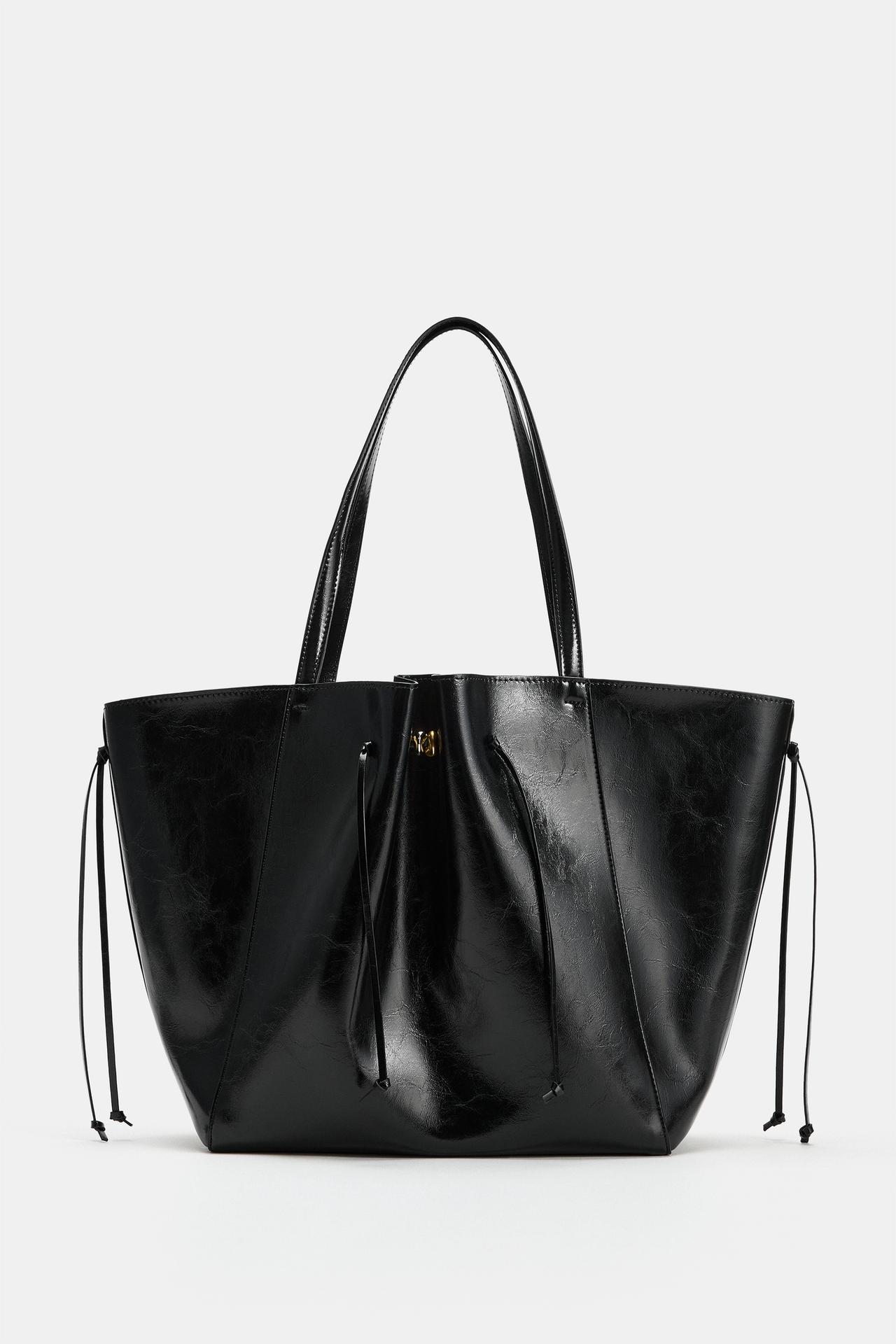 RUCHED SHOPPER TOTE BAG — Black