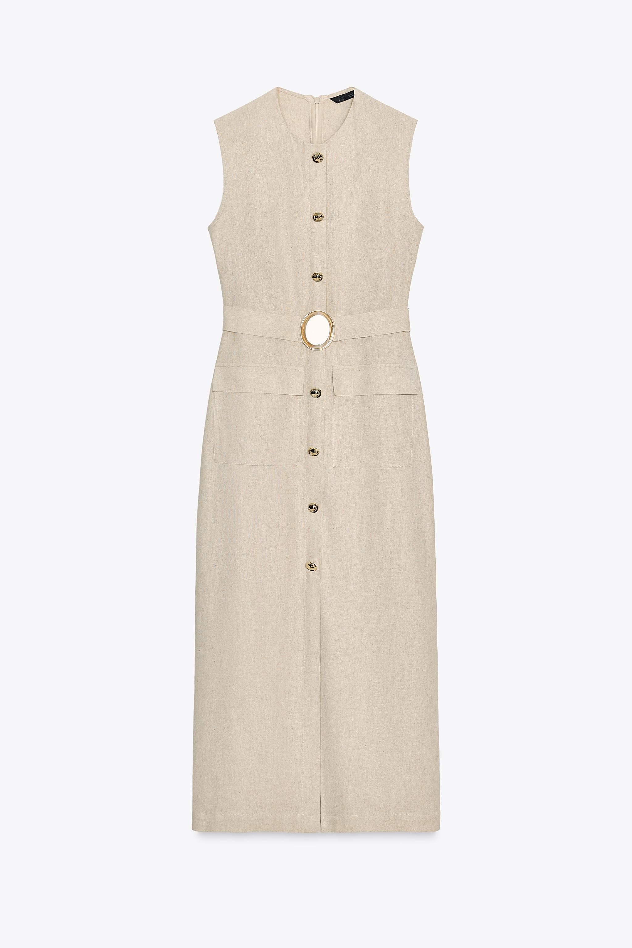リネンバックル付きミディワンピース - ライトベージュ | ZARA