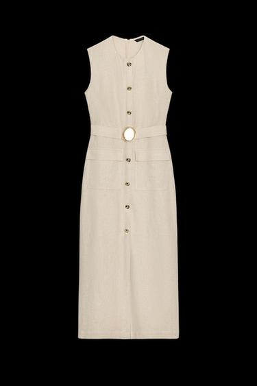 LINEN BLEND BUCKLE MIDI DRESS - Light beige by Zara