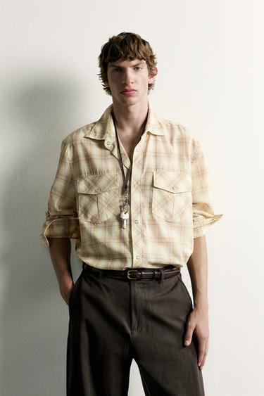 RELAXED FIT CHECK SHIRT WITH POCKETS - Sand by Zara