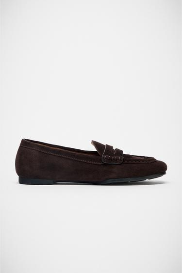 Zara SPLIT LEATHER LOAFERS - Chocolate Brown