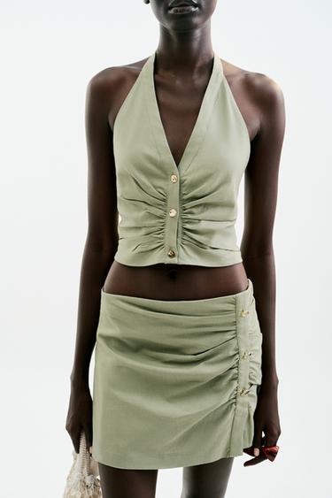 LINEN BLEND HALTER TOP - Light khaki by Zara