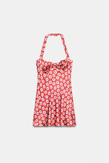 ROBE COURTE À ENCOLURE AMÉRICAINE ET FLEURS - Rouge de Zara - Image 7