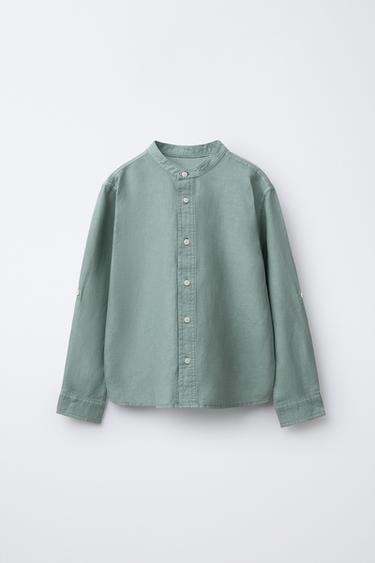 قميص بياقة ماو مع الكتان والقطن - أخضر by Zara
