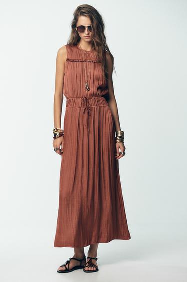 뒷면 프릴 새틴 미디 원피스 - Zara MARSALA