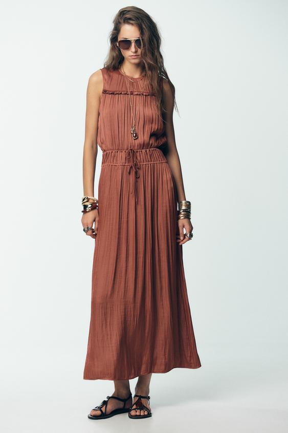 SATIN EFFECT MIDI DRESS WITH BACK RUFFLE