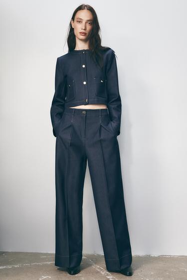 Zara CONTRAST TOPSTITCHING WIDE-LEG PANTS - Indigo