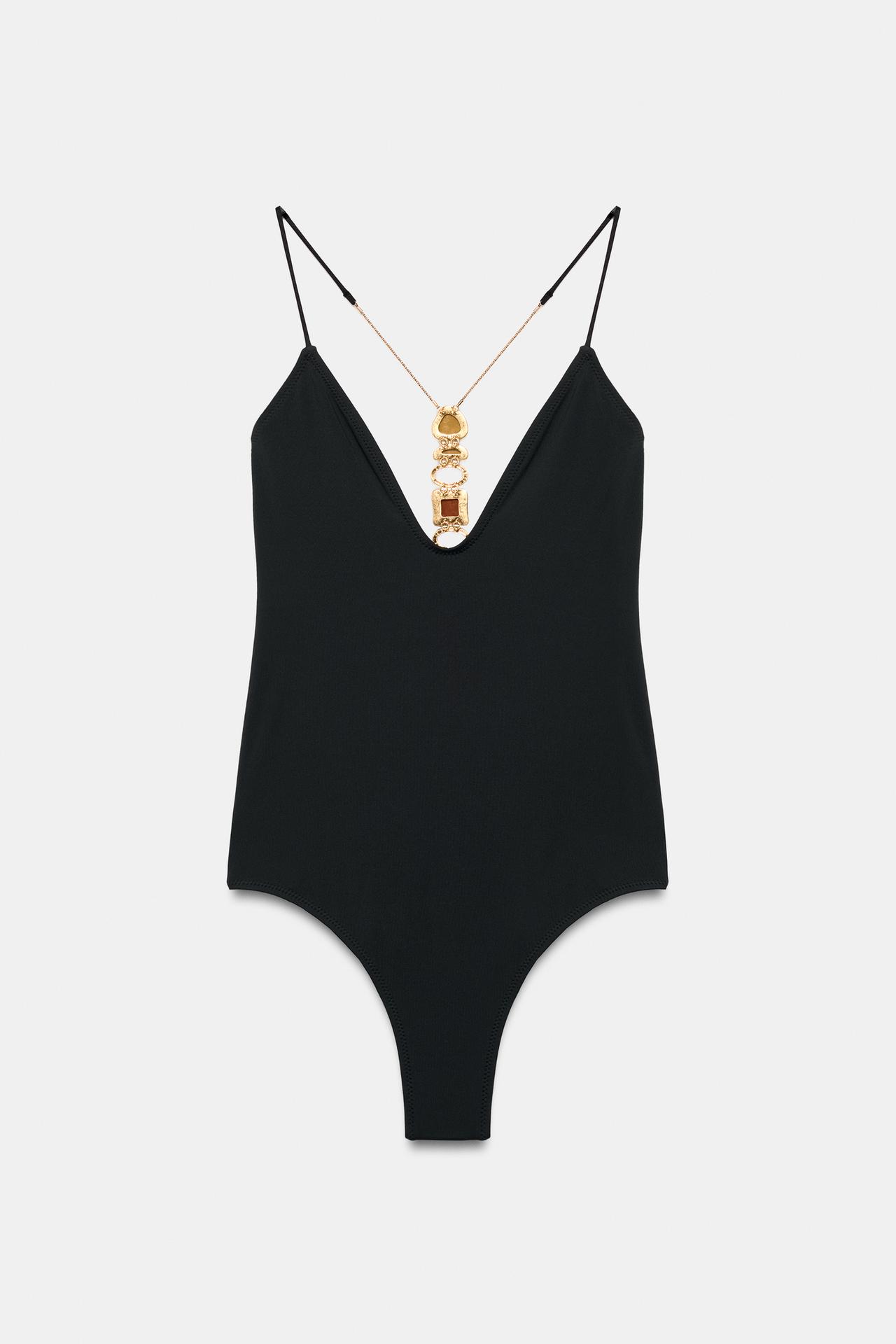 JEWELED SOLID SWIMSUIT — Black