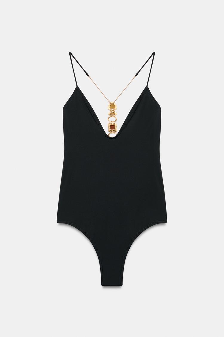 JEWELED SOLID SWIMSUIT — Black