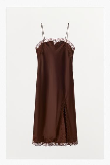 SATIN LACE MIDI DRESS - Brown by Zara