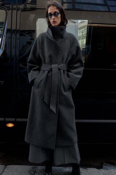 SOFT HIGH-NECK COAT WITH BELT - Grey by Zara
