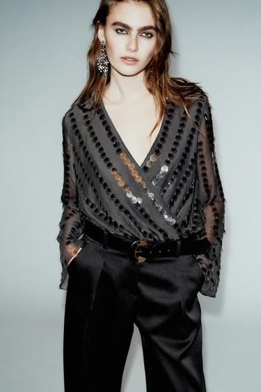 PANTALON BARREL SATINÉ AVEC CEINTURE - Noir de Zara - Image 2