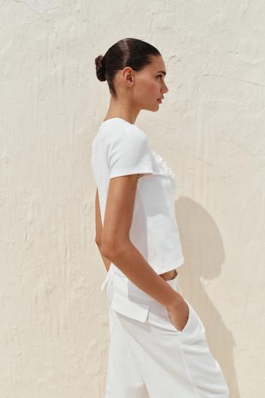 T-SHIRT WITH TEXTURED HEART - White by Zara - Image 3