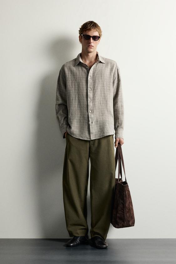 100% LINEN CHECK SHIRT - Grey green by Zara - Image 0