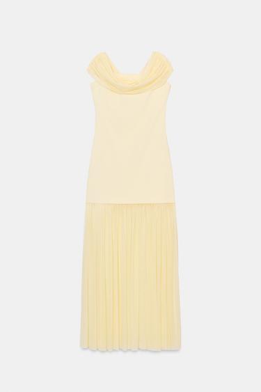 فستان ميدي بفتحة صدر مستقيمة - أصفر باستيل by Zara